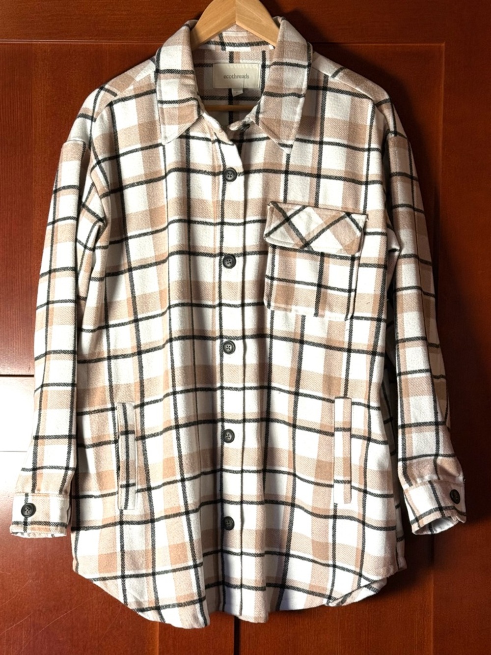 Ecothreads Tan & Black Plaid Boyfriend Shirt Jacket NWOT Size XL
